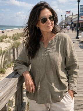 J. Jill Olive Beige 100% Linen Tunic Shirt Lightweight Knotted Buttons Size L